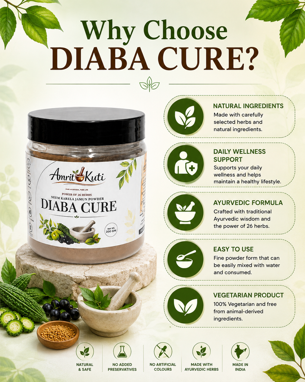 Amrit Kuti Diaba Cure Powder | Neem, Karela & Jamun Blend | Pack of 2 | 200g x 2