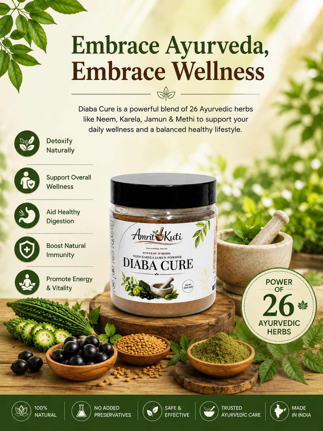 Amrit Kuti Diaba Cure Powder | Neem, Karela & Jamun Blend | Pack of 2 | 200g x 2