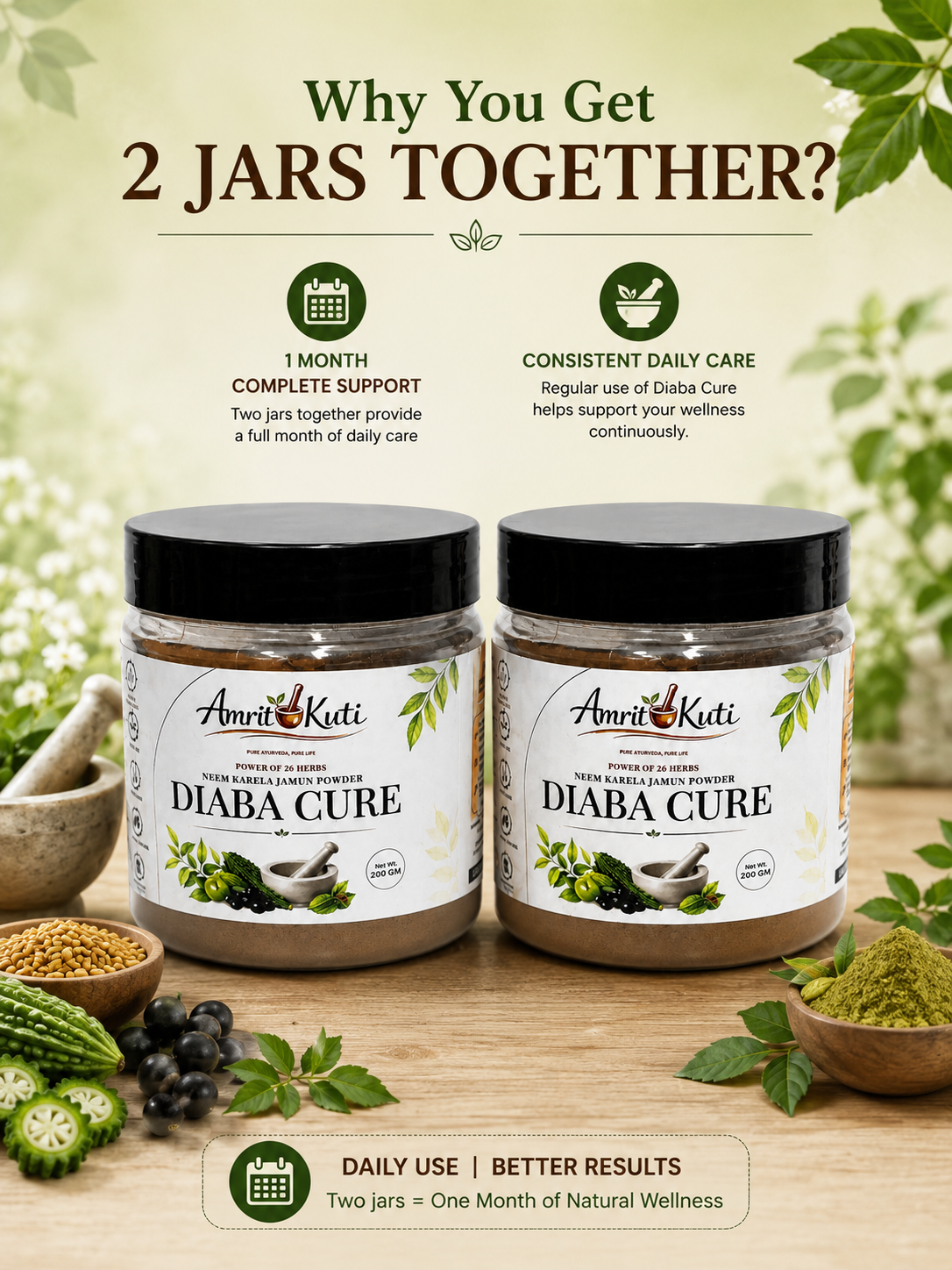 Amrit Kuti Diaba Cure Powder | Neem, Karela & Jamun Blend | Pack of 2 | 200g x 2