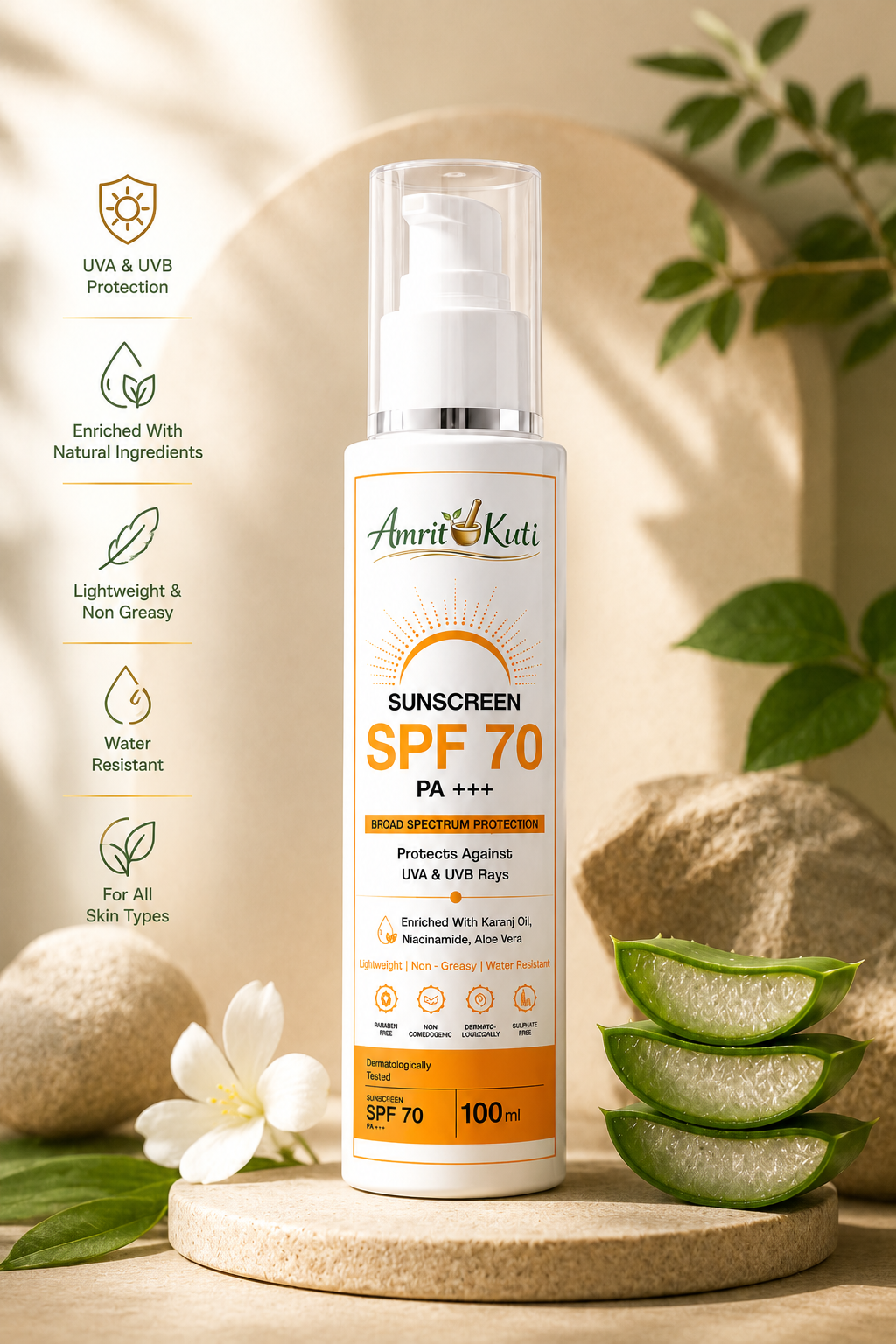 Amrit Kuti Sunscreen SPF 70 PA+++ | Broad Spectrum UV Protection