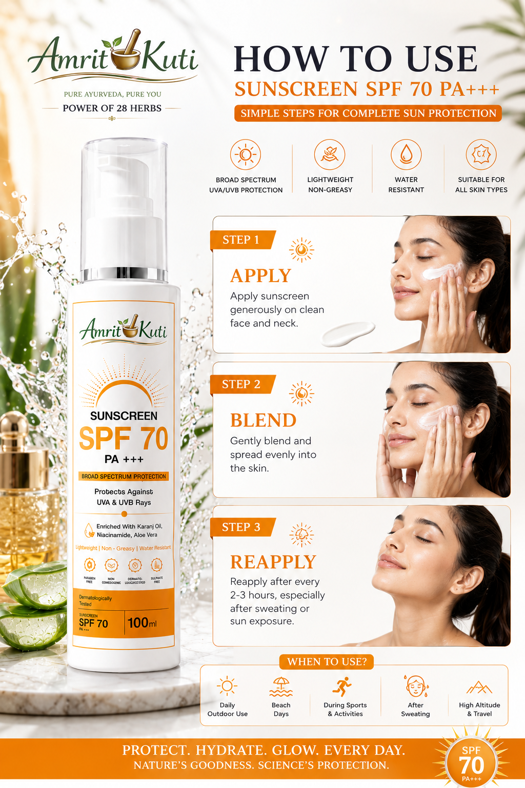 Amrit Kuti Sunscreen SPF 70 PA+++ | Broad Spectrum UV Protection